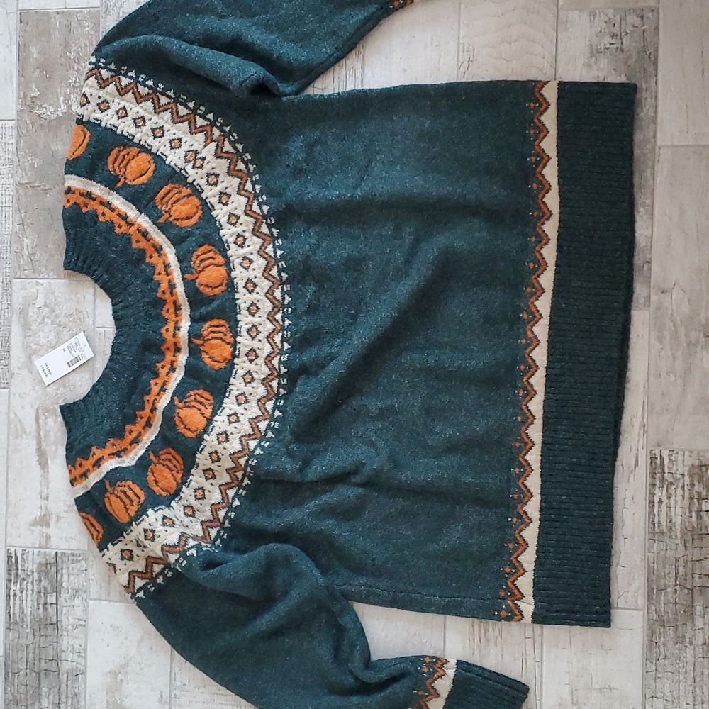 Maurices Teal Green and Orange Pumpkin Fall Knit Sweater Women's 1X - Picture 4 of 9